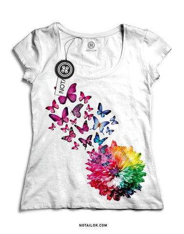 T-shirt donna bianca Fiore e Farfalle mille colori