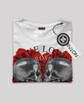 T-shirt donna bianca skulls and roses